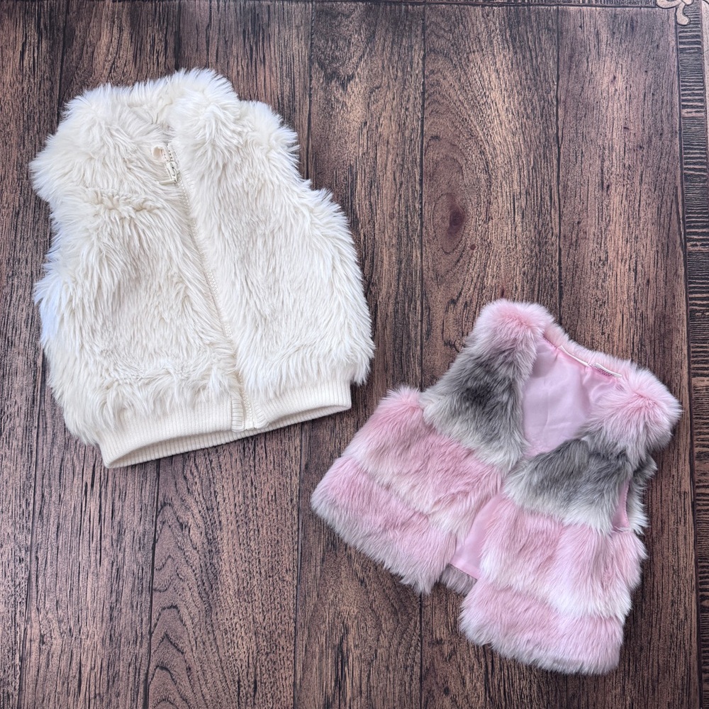 Cream and Pink Faux Fur Vest Set